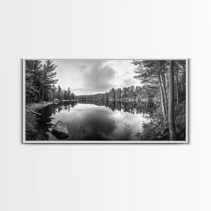 Lake reflection, pine tree art, landscape painting, wabi sabi art, rustic decor, panoramic painting, extra wide art, framed canvas print
