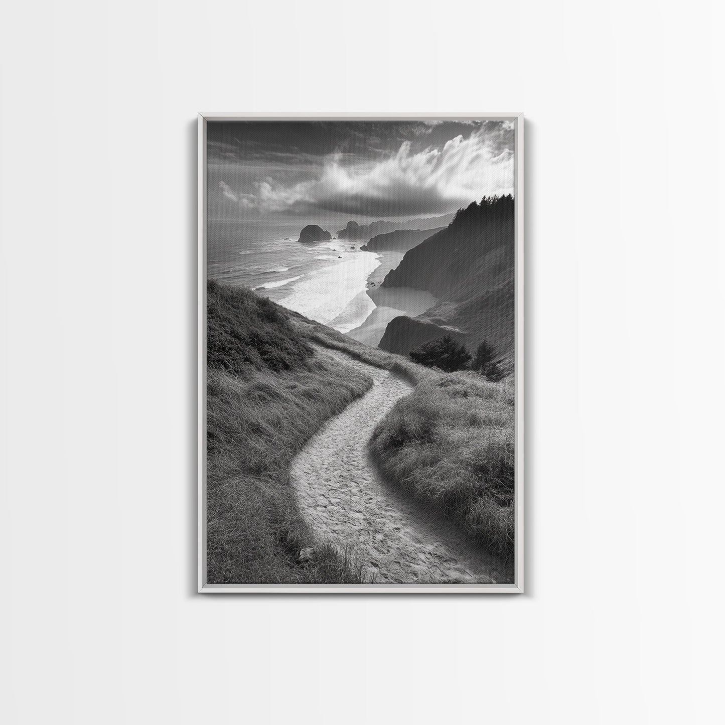 Coastal Pathway, coastal landscape art, seascape painting, nature trail print, ocean decor, beach house art, framed canvas print, nautical decor