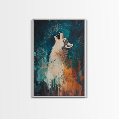 Abstract Wolf, howling at moon, moody blue tones, modern rustic art, wildlife painting, framed canvas print, dark romance painting