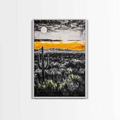 Cactus Sunset, black and white, moody desert art, yellow skyline, Joshua tree art, framed canvas print, extra wide art, rustic decor