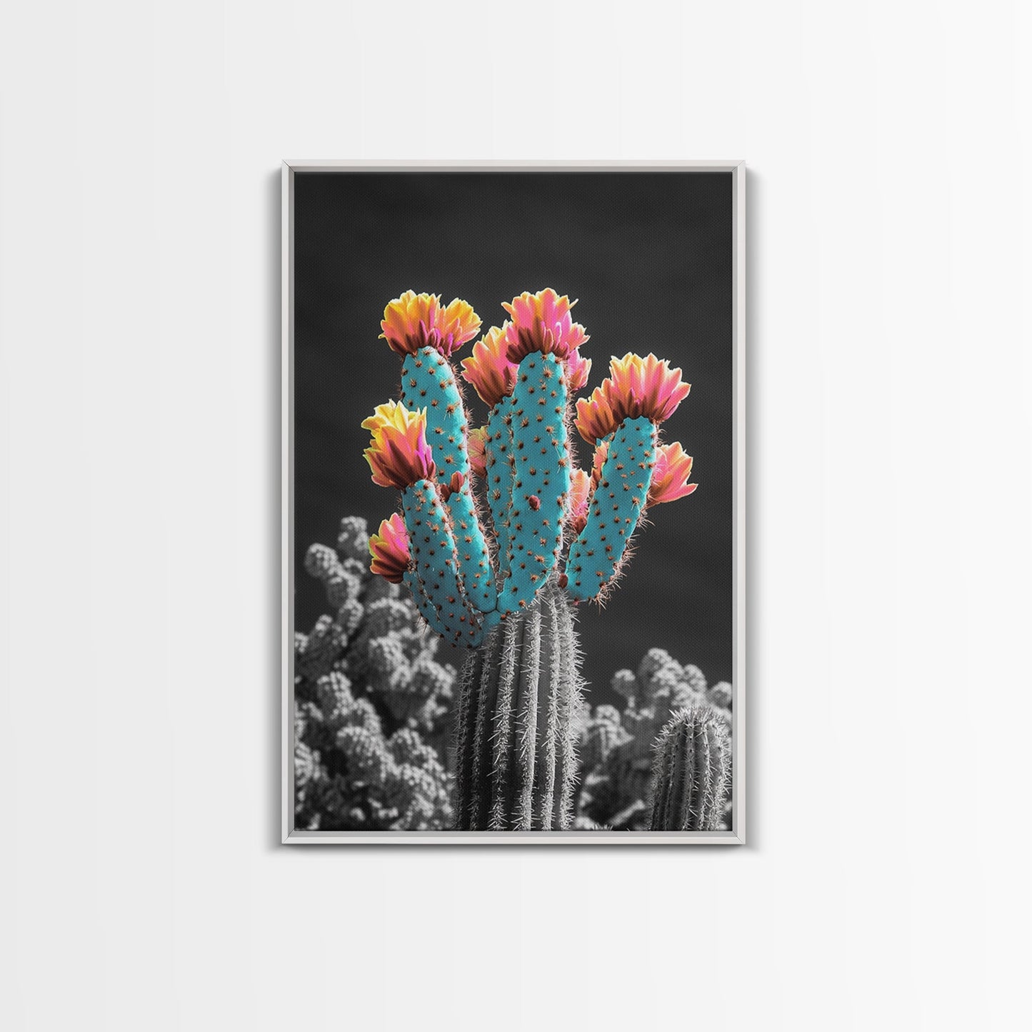 Cactus, desert flowers, vibrant nature art, framed canvas print, boho wall decor, southwest wall art, floral painting, Joshua tree art