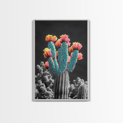 Cactus, desert flowers, vibrant nature art, framed canvas print, boho wall decor, southwest wall art, floral painting, Joshua tree art