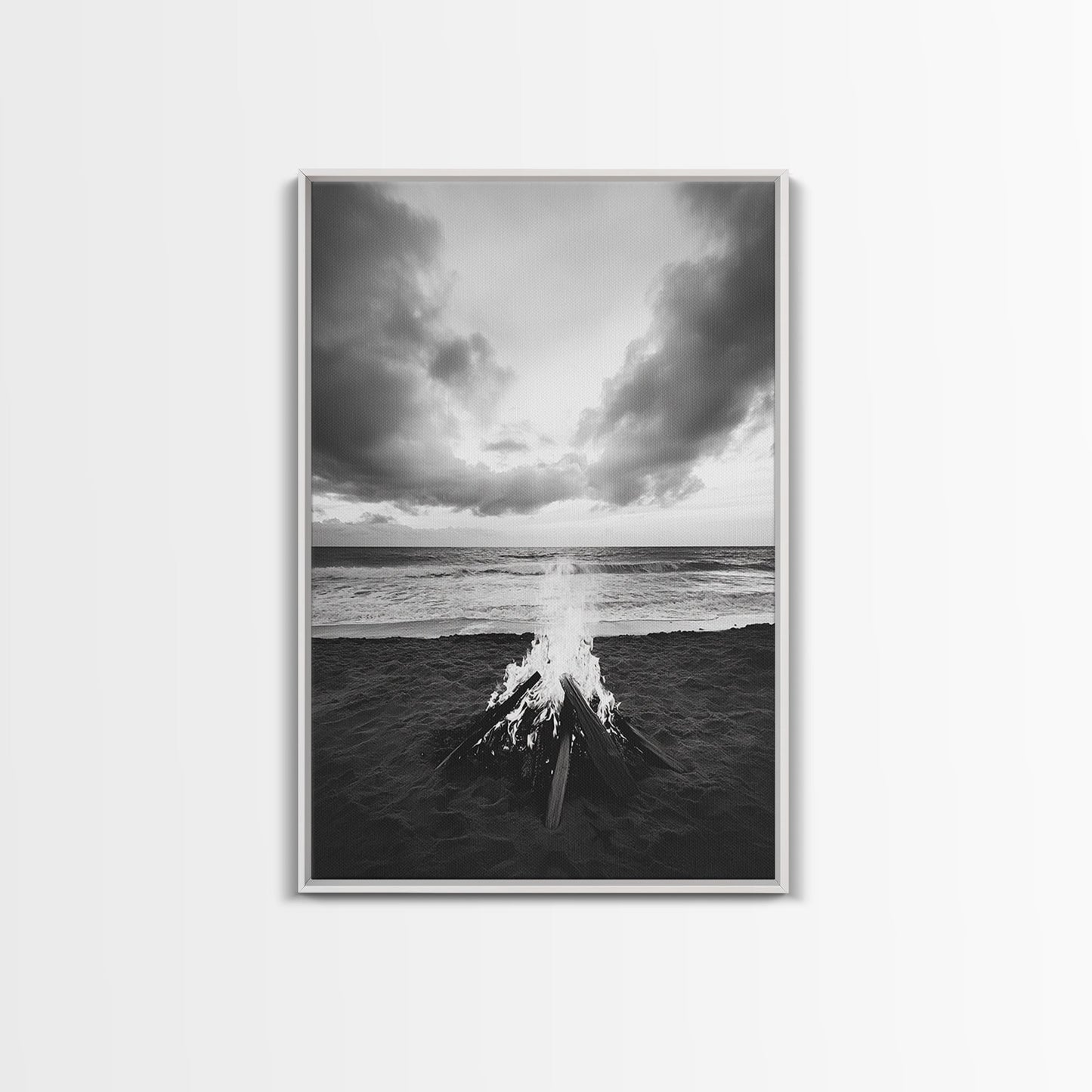 Beach Bonfire, coastal landscape art, rustic decor, moody art, dramatic seascape, black and white, framed canvas print, nautical wall art