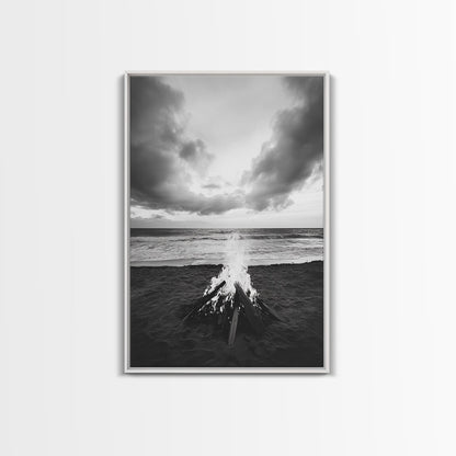 Beach Bonfire, coastal landscape art, rustic decor, moody art, dramatic seascape, black and white, framed canvas print, nautical wall art
