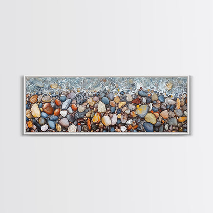 Coastal decor, ocean pebble art, beach rock painting, nautical wall art, seascape painting, long narrow wall art, canvas print