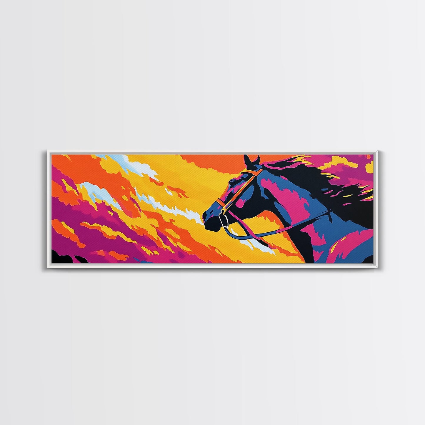Horse silhouette, sunset, pink orange wall art, colorful equestrian, western art, extra wide art, framed canvas print, panoramic painting