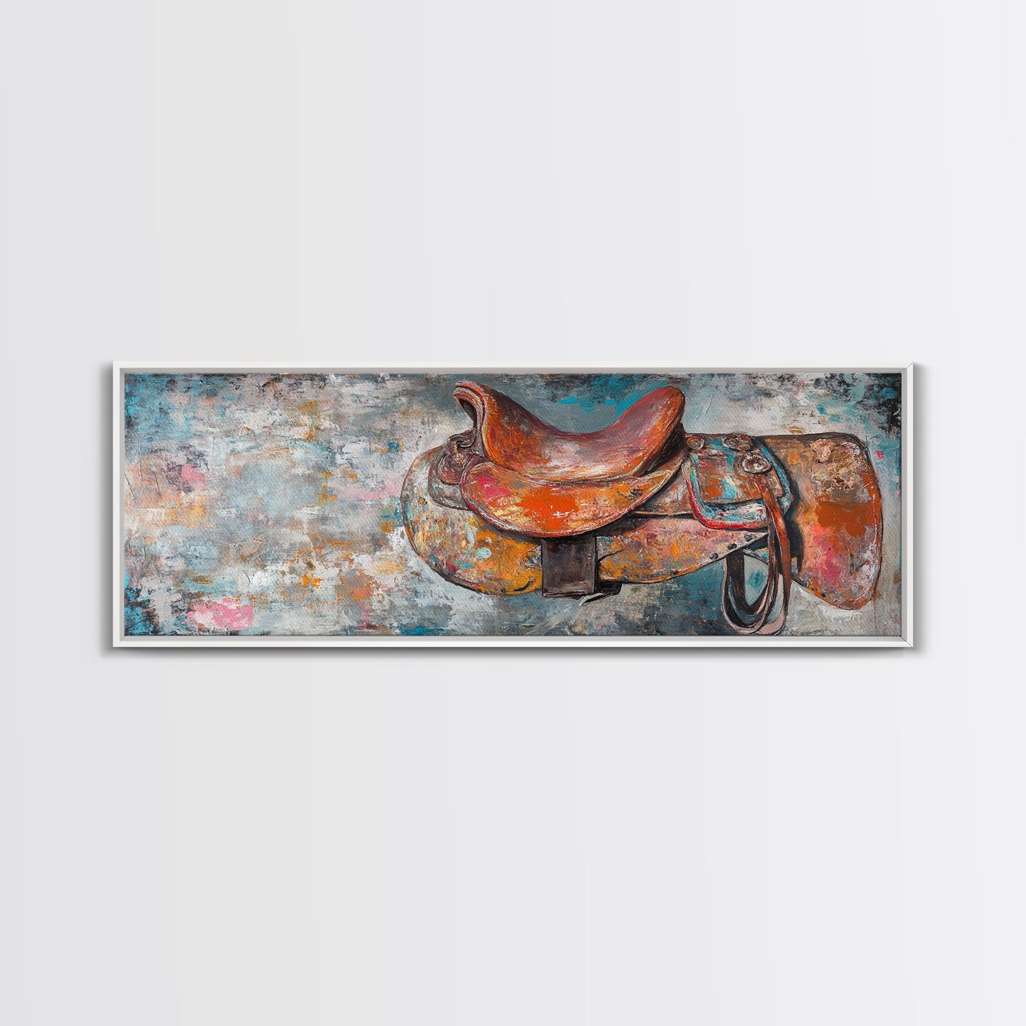 Abstract Saddle, horse wall art, abstract art, rustic decor, extra wide art, framed canvas print, above sofa art, living room decor