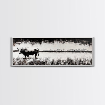 Bull and bear art, black and white painting, rustic wall art, farmhouse decor, extra wide art, framed canvas print, moody art, landscape painting