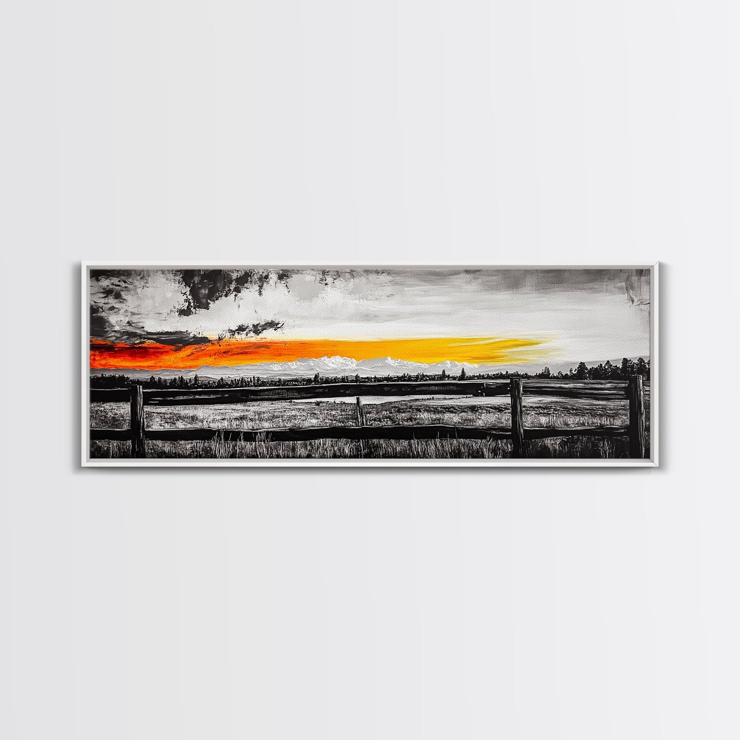 Fence at Sunset, moody landscape art, Joshua tree art, smoky mountain painting, dark romance art, extra wide art, framed canvas print