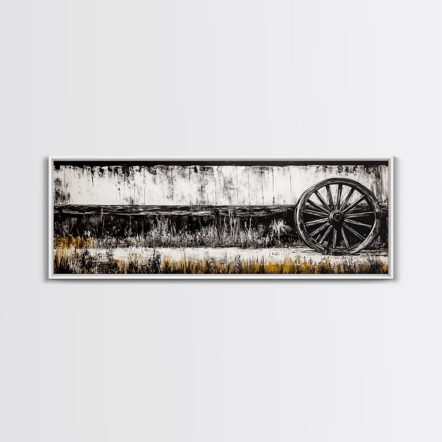 Wagon Wheel, barn landscape oil painting, black and white art, rustic decor, farmhouse art, extra wide art, Framed Canvas Print, moody art