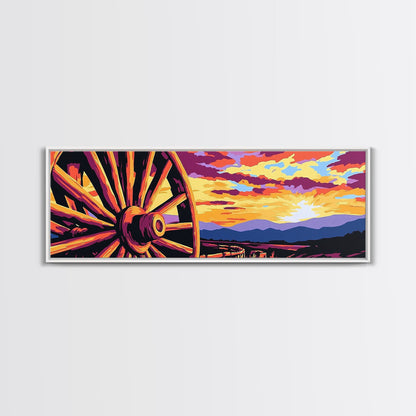 Lebendiger Sonnenuntergang mit Wagen, abstrakte Kunst in Rosa, Mohnblumen-Wandkunst, Boho-Kunst, Panoramagemälde, extra breites Kunstwerk, gerahmter Leinwanddruck, Vintage-Wandkunst