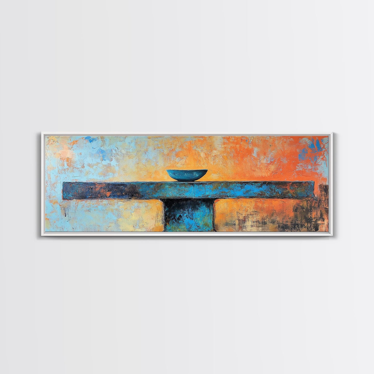 Blaue Schale, minimalistische Kunst, Wabi-Sabi-Kunst, extra breites Kunstwerk, gerahmter Leinwanddruck, salbeigrünes Wandbild, horizontales Wandbild, Therapiekunst