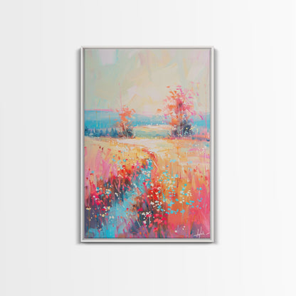 Luminous Landscape with Wildflowers - Framed Canvas Print, Radiant Living Room Art, Bright Bedroom Decor, Colorful Flower Art, Wall Art