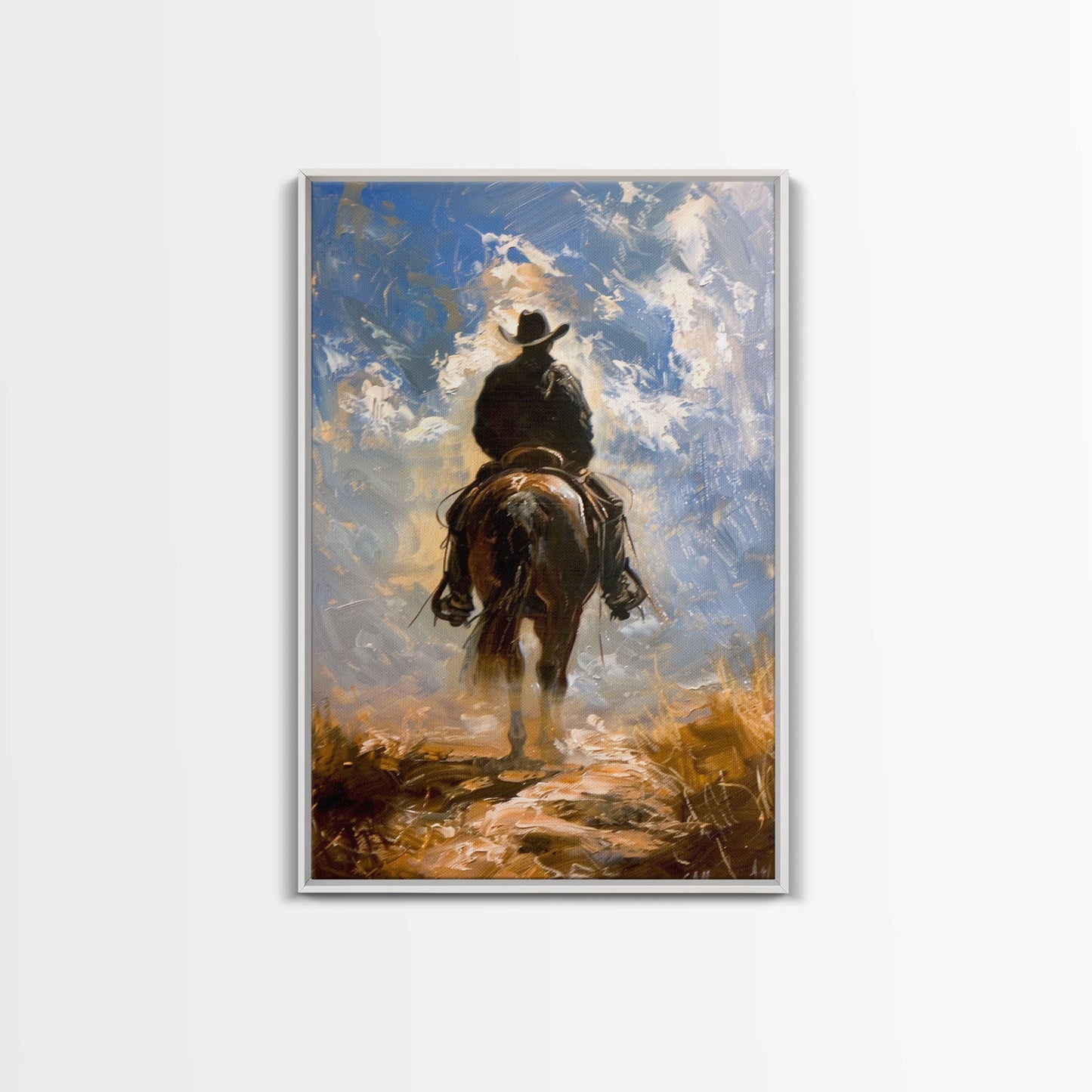 Cowboy Silhouette Riding Through the Plains - Framed Canvas Print, Western Art, Rustic Decor, Living Room Wall Art, Cowboy Themed Art