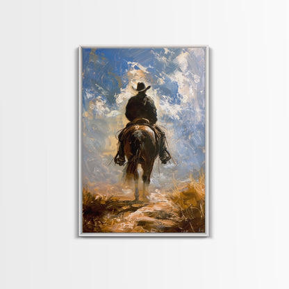 Cowboy Silhouette Riding Through the Plains - Framed Canvas Print, Western Art, Rustic Decor, Living Room Wall Art, Cowboy Themed Art