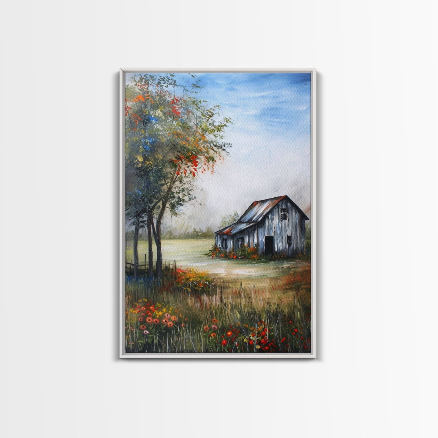 Idyllic Barn Scene with Rustic Charm - Framed Canvas Print, Country Living Room Decor, Farmhouse Wall Art, Barn Art Print for Bedroom