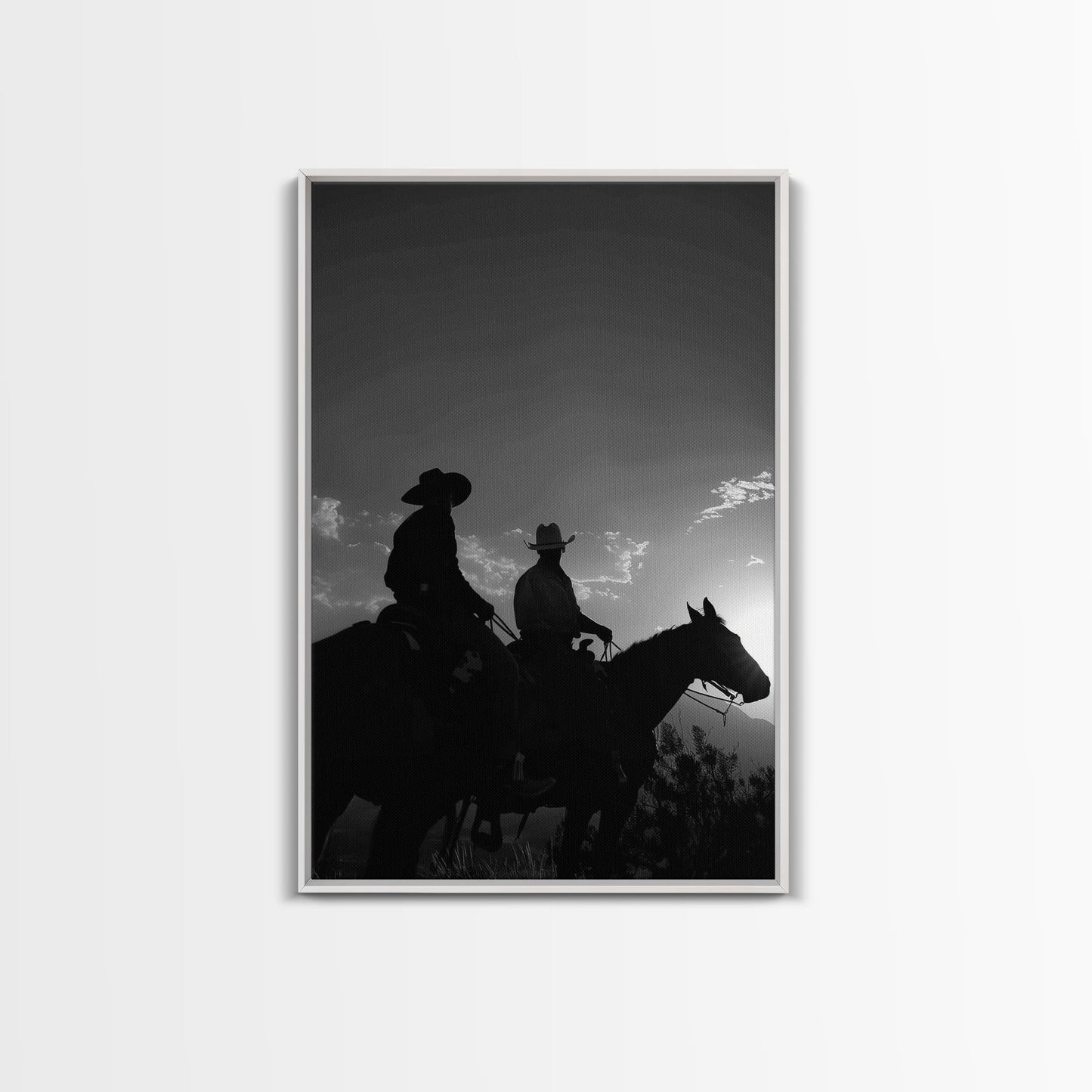 Two Cowboys Riding at Sunset in a Serene Black and White Western Landscape for Wall Art, Canvas Prints, Home Decor, Living Room Art