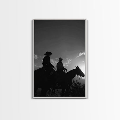 Two Cowboys Riding at Sunset in a Serene Black and White Western Landscape for Wall Art, Canvas Prints, Home Decor, Living Room Art