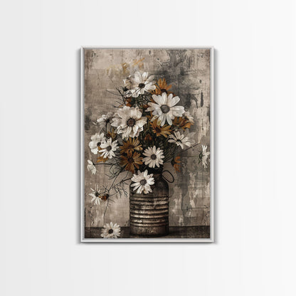 Rustic metal vase with daisies against a distressed background Framed Canvas Print - floral art, farmhouse decor, rustic wall art