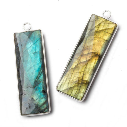 52.5x14.5mm .925 Silver Bezel Labradorite faceted rectangle bar pendant 1 piece