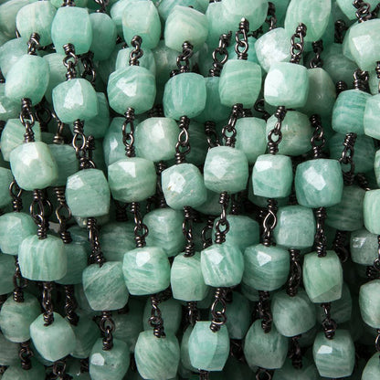 5.5-6.5mm Amazonite faceted cube Black Gold plated Chain by the foot 27 pcs