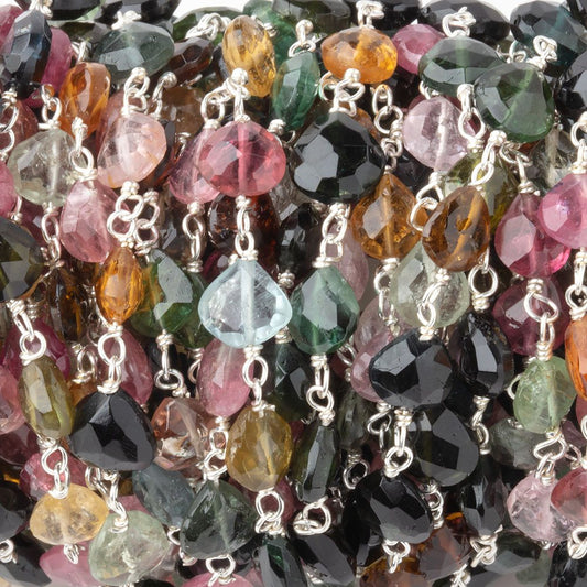 5.5-6.5mm Multi Color Tourmaline Faceted Hearts on Sterling Silver Chain