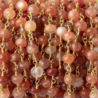 5.5-6mm Angel Skin Peach Moonstone plain rondelles Gold plated Chain by the foot 27 beads per
