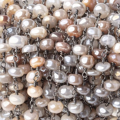5.5-6mm Mystic Multi Moonstone Plain Rondelles Black Gold Plated Chain by the Foot