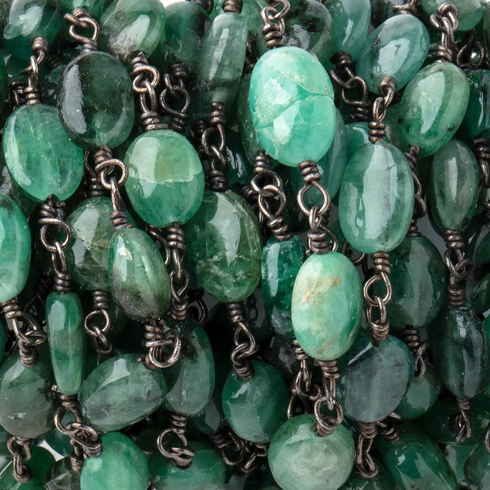 5.5-7.5mm Emerald Plain Oval Beads on Black Gold over .925 Silver Chain