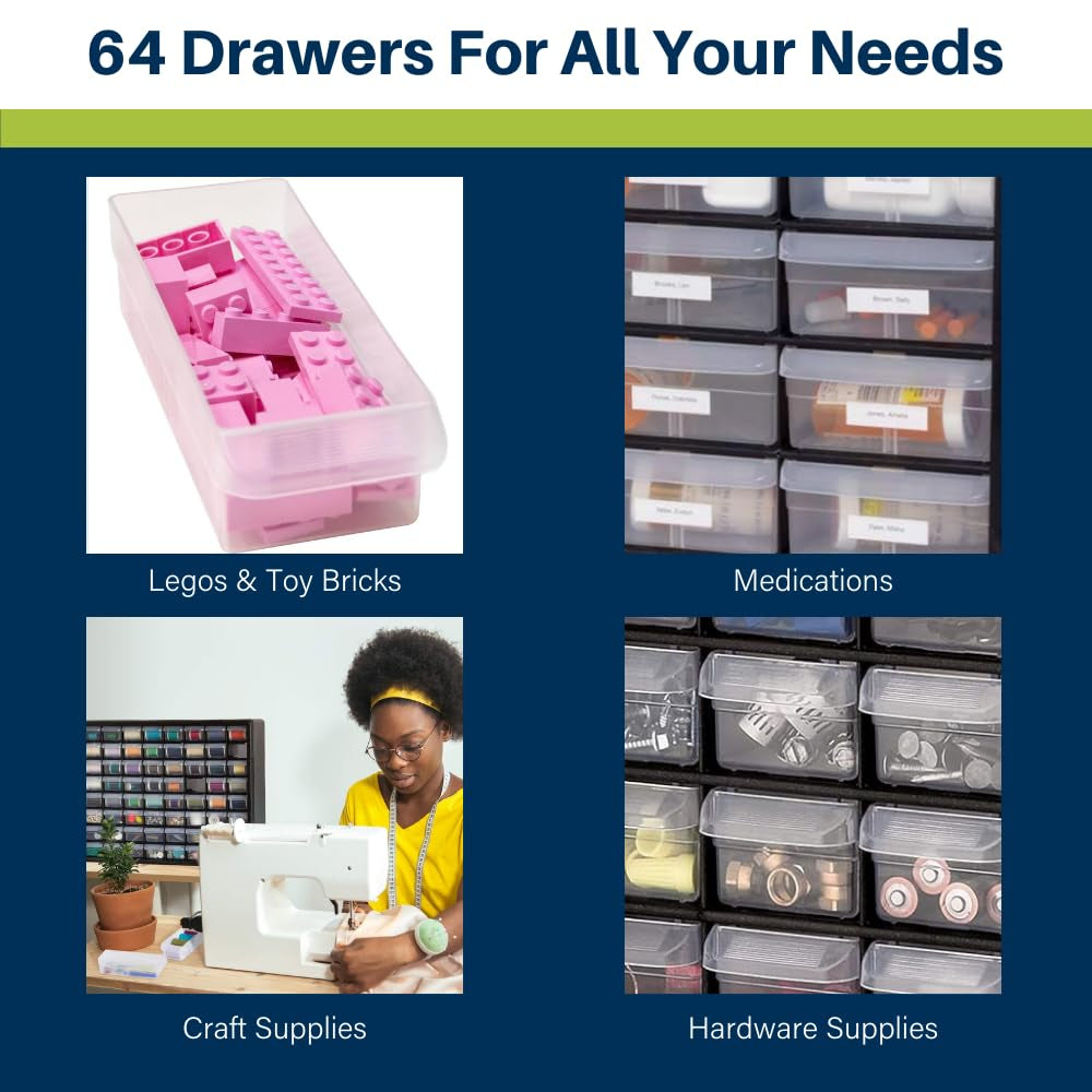 64-Drawer Plastic Drawer Storage Cabinet for Garage Organization, Bead Organizer, Building Bricks Storage, Teacher Toolbox, Makeup Organizer, 20-Inch W X 6-Inch D X 16-Inch H, 10164 Black