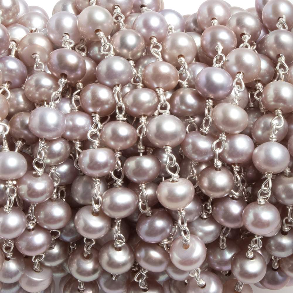5.5mm Ice Pink Button Pearl Silver plated Chain by the foot 34 pieces