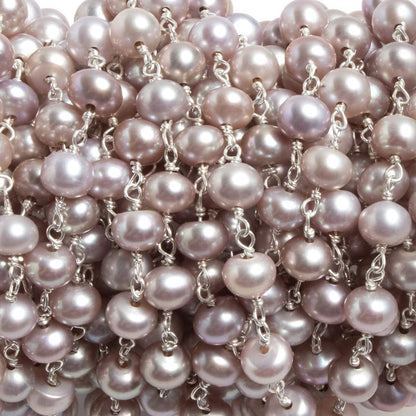 5.5mm Ice Pink Button Pearl Silver plated Chain by the foot 34 pieces