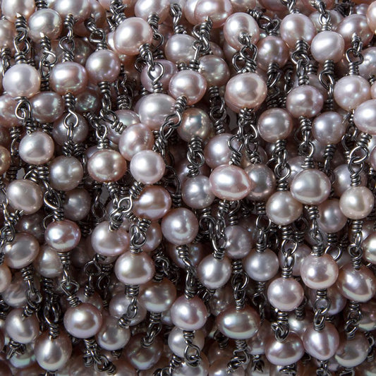 5.5mm Ice Pink Oval Pearl Black Gold .925 Silver Chain by the foot 36 pieces