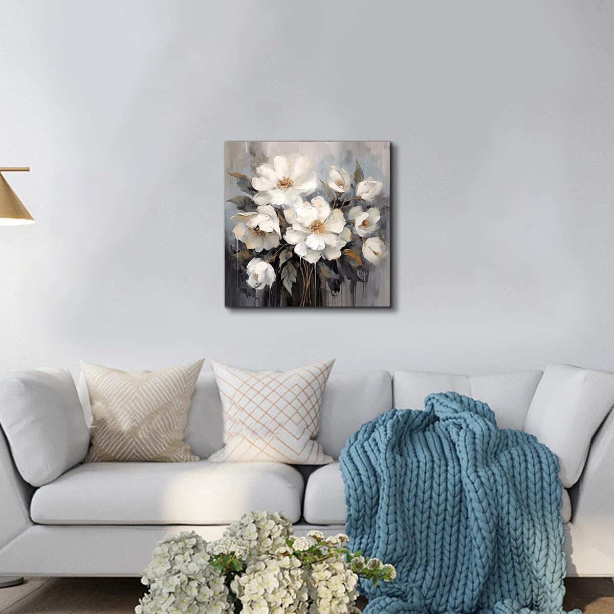 Stunning White and Gray Flower Canvas Art - Elegant 12x12 Inch Wall Decor for Bathroom, Bedroom, and Office