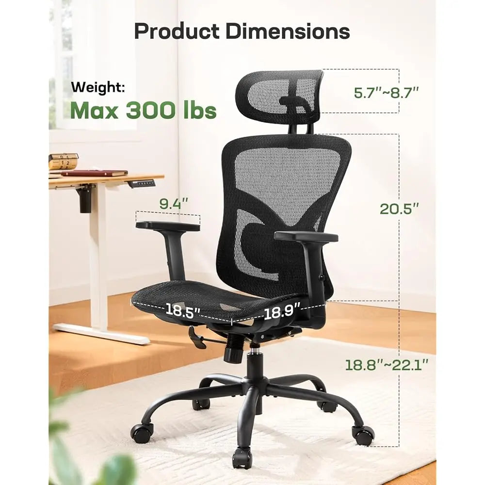 Ergonomic Mesh Office Chair: Mesh Computer Desk Chair with Adjustable Lumbar Support, 2D Headrest & up and down Armrest,