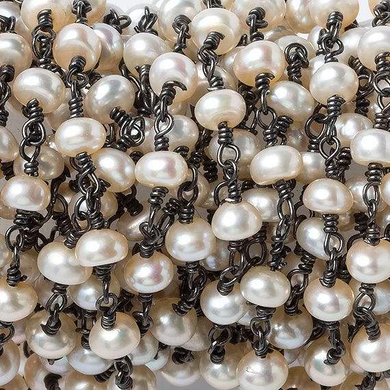 5mm Cream Button Freshwater Pearl Black Gold .925 Chain by the foot 32 beads