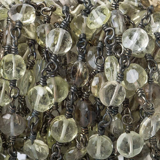 5mm Multi Color Quartz faceted coin Black Gold plated Chain by the foot