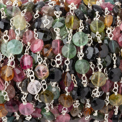 5mm Multi Color Tourmaline Faceted Coins on Sterling Silver Chain
