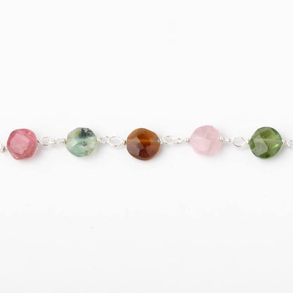 5mm Multi Color Tourmaline Faceted Coins on Sterling Silver Chain