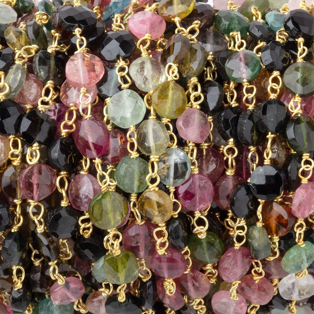 5mm Multi Color Tourmaline Faceted Coins on Vermeil Chain