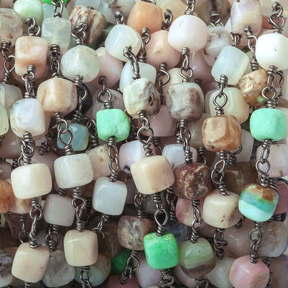 5mm Multi Gemstone plain cube Black Gold plated Chain by the foot