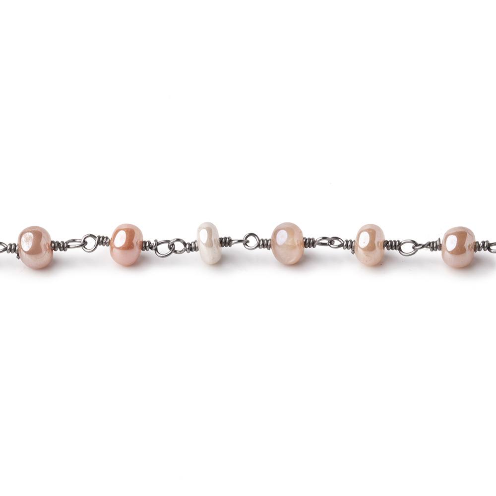 5mm Mystic Angel Skin Peach Moonstone Plain Rondelles Black Gold Chain by the Foot