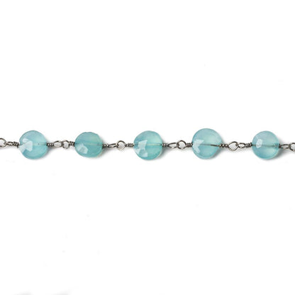 5mm Seafoam Blue Chalcedony faceted coin Black Gold Chain by the foot 27 beads