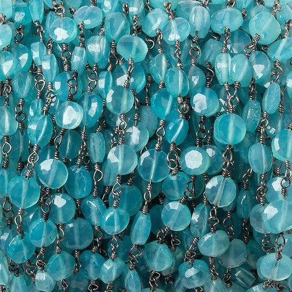 5mm Seafoam Blue Chalcedony faceted coin Black Gold Chain by the foot 27 beads