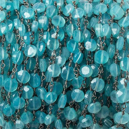 5mm Seafoam Blue Chalcedony faceted coin Black Gold Chain by the foot 27 beads