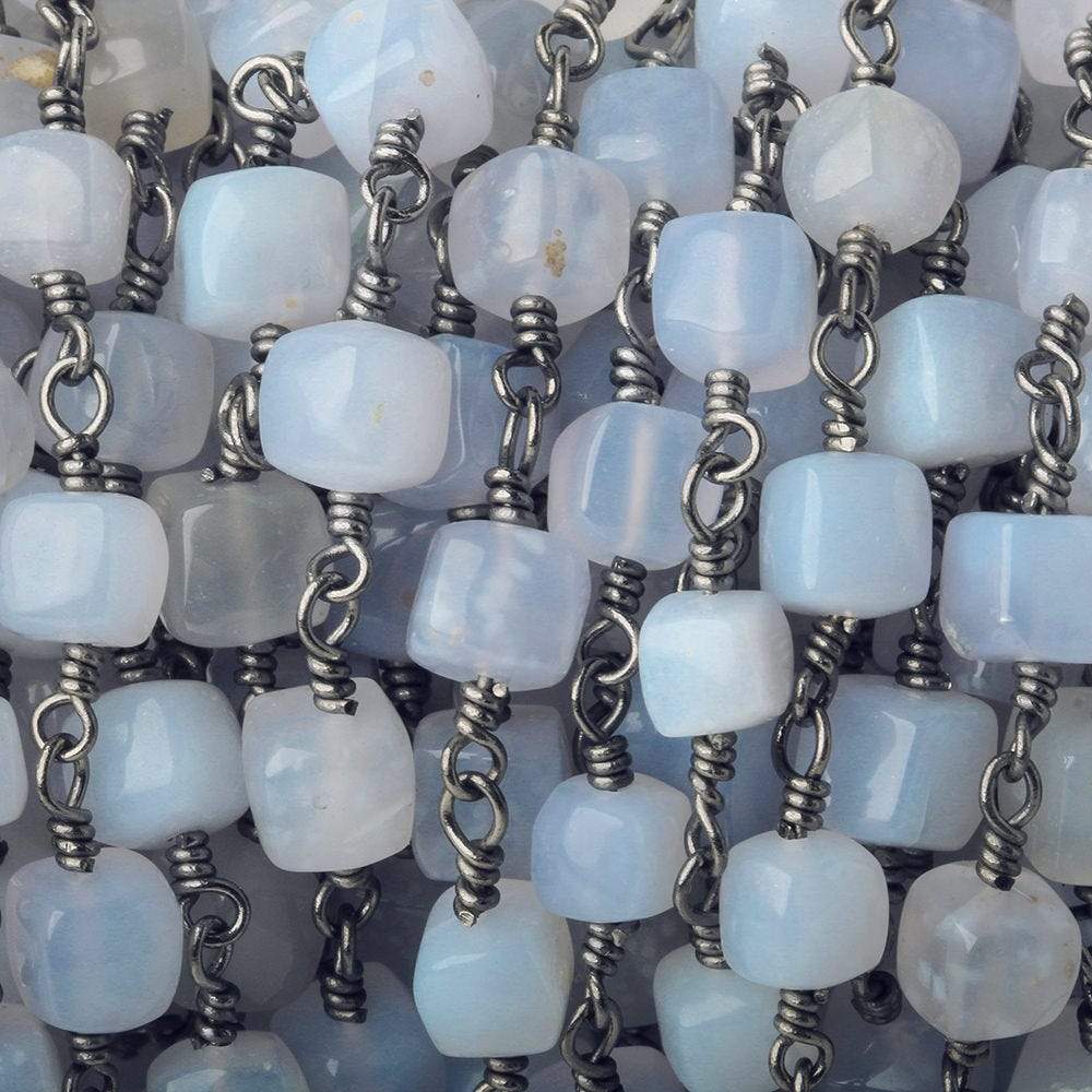 5mm Turkish Blue Chalcedony plain cube Black Gold plated Chain by the foot