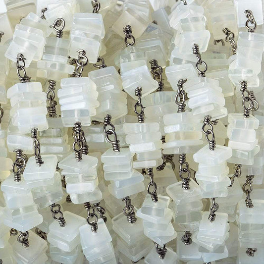 5mm White Moonstone square heishi Black Gold .925 Chain by the foot