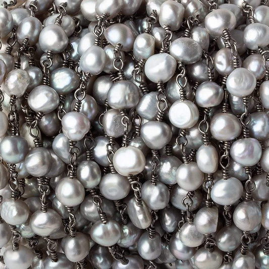 5x4-6x5mm Silver Baroque Pearls Black Gold plated Chain by the foot 25 pieces