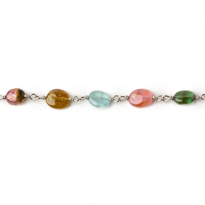 5x4-7x5mm Multi Color Tourmaline plain oval Silver .925 Chain by the foot 27 beads per