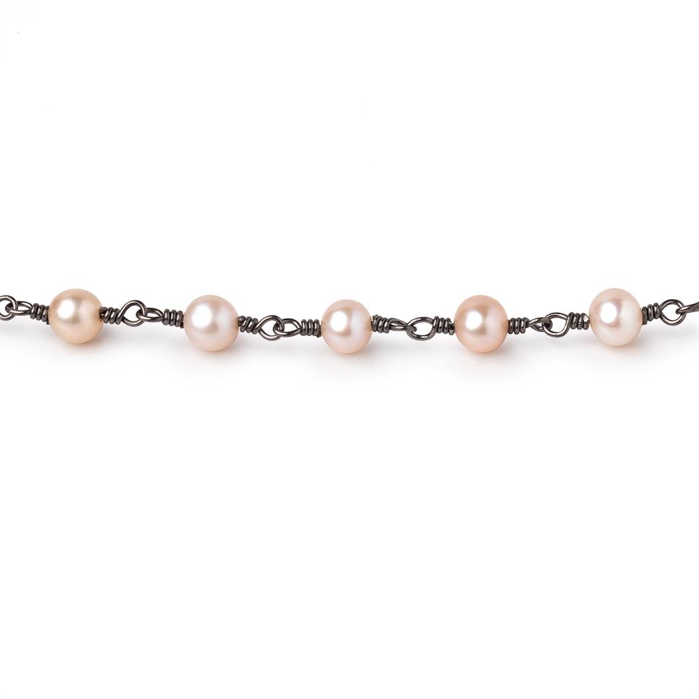 5x4.5mm Peachy Pink Off Round Pearls on Black Gold over .925 Silver Chain